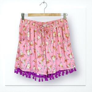 Beach Coverup Shorts Tassels Pull-On Pockets Floral Print Tie/Elastic Waist